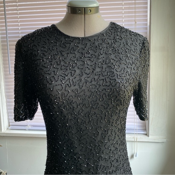 BRILLIANTE BY J.A. Vintage Black Beads Embroidered Silk Maxi Evening Gown Size S - Picture 6 of 15